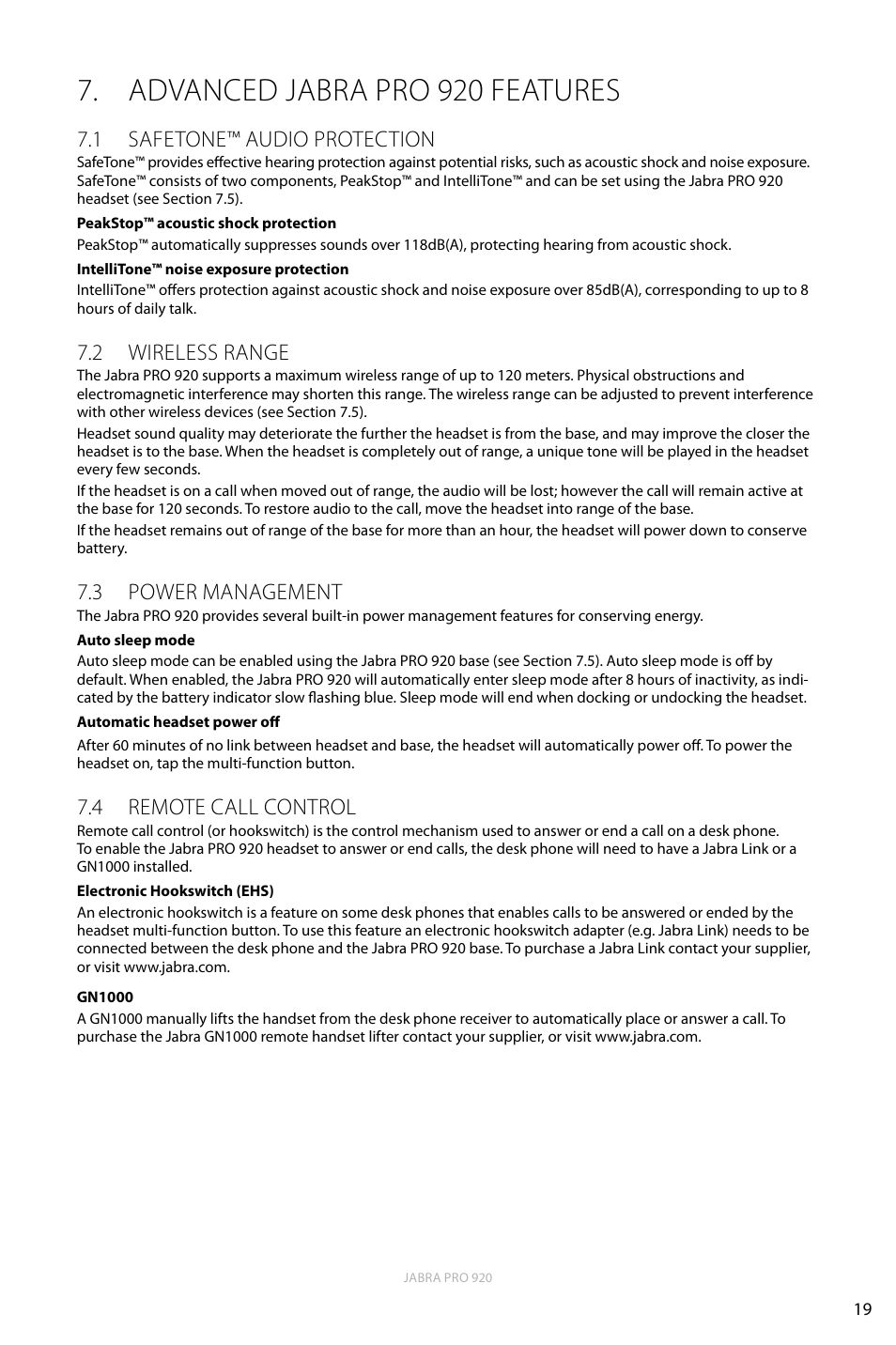Advanced jabra pro 920 features, 1 safetone™ audio protection, 2 wireless range | 3 power management, 4 remote call control, English | Jabra PRO 920 User Manual | Page 18 / 25