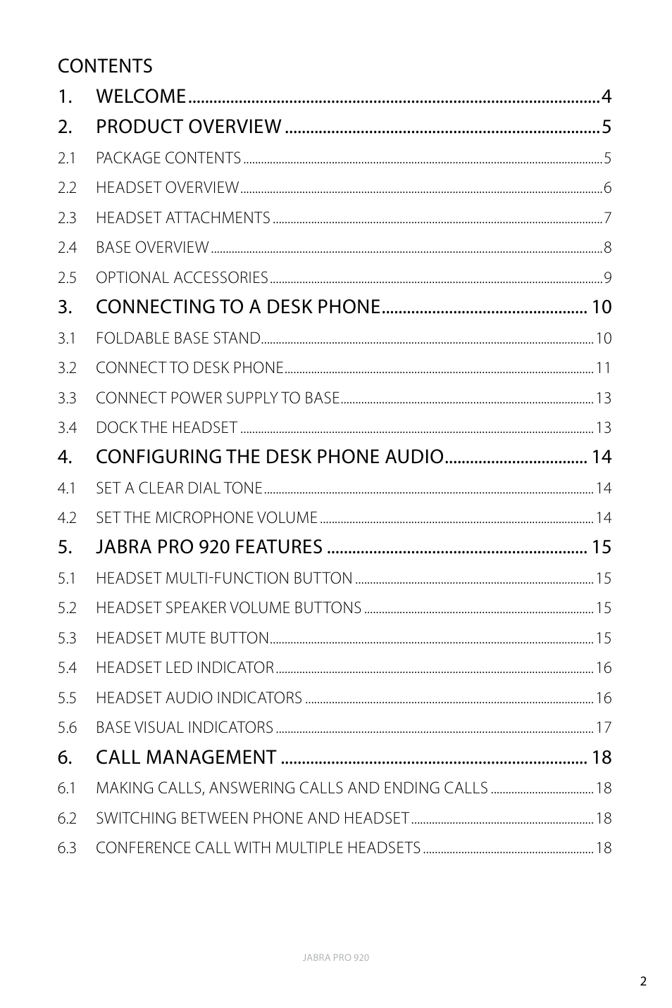 Contents 1. welcome 2. product overview, Connecting to a desk phone, Configuring the desk phone audio | Jabra pro 920 features, Call management | Jabra PRO 920 User Manual | Page 2 / 25