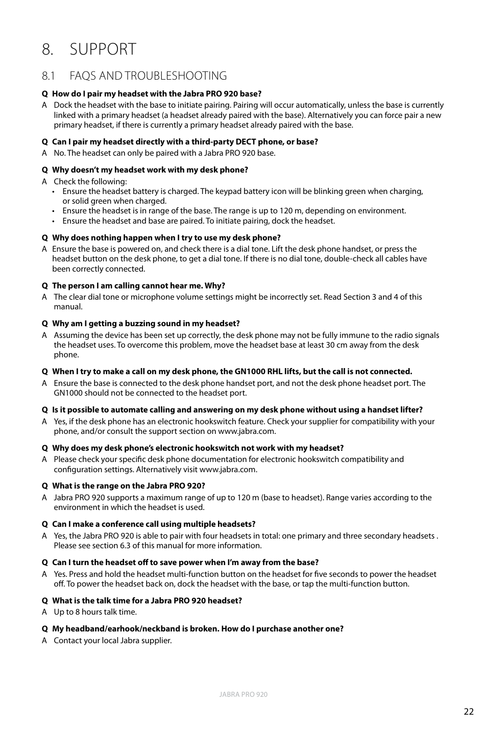 Support, 1 faqs and troubleshooting, English | Jabra PRO 920 User Manual | Page 21 / 25