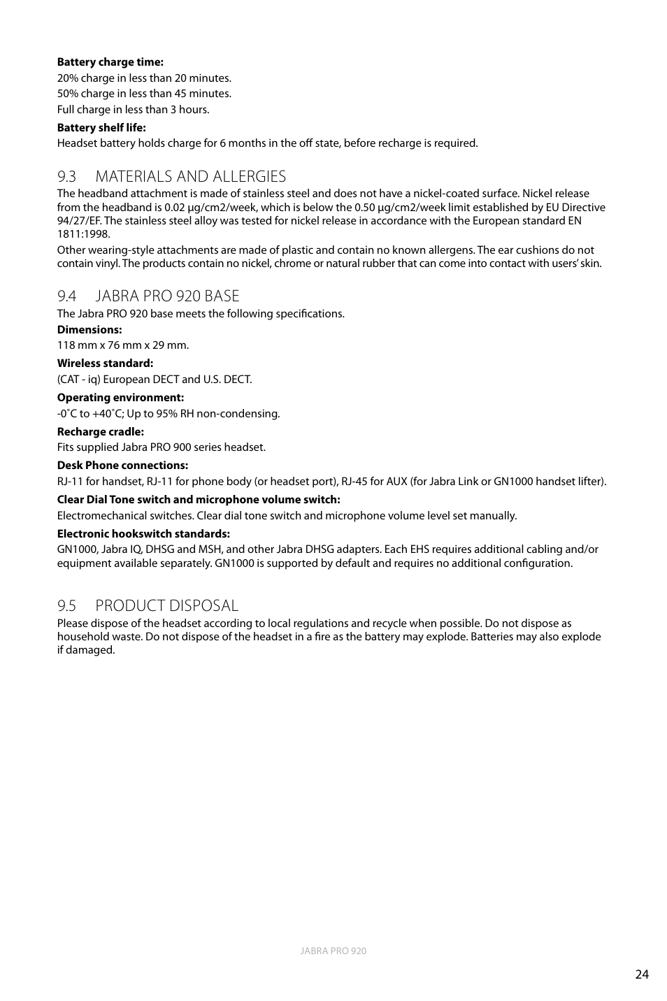 3 materials and allergies, 4 jabra pro 920 base, 5 product disposal | English | Jabra PRO 920 User Manual | Page 23 / 25