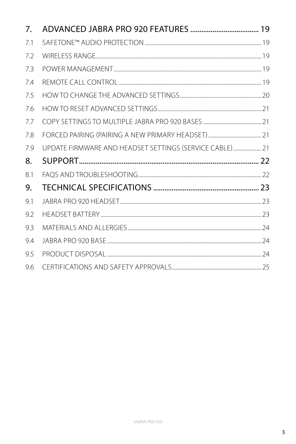 Advanced jabra pro 920 features, Support, Technical specifications | Jabra PRO 920 User Manual | Page 3 / 25