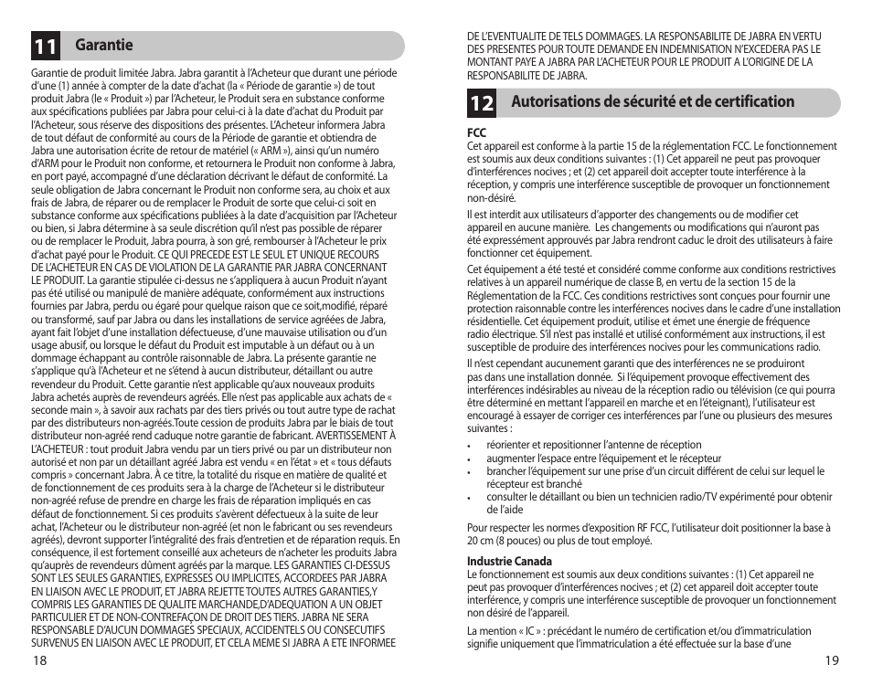 Autorisations de sécurité et de certification, Garantie | Jabra BT350 User Manual | Page 12 / 18