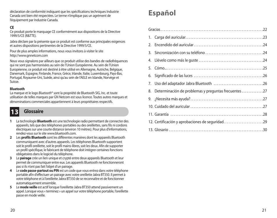Español, Glossaire | Jabra BT350 User Manual | Page 13 / 18