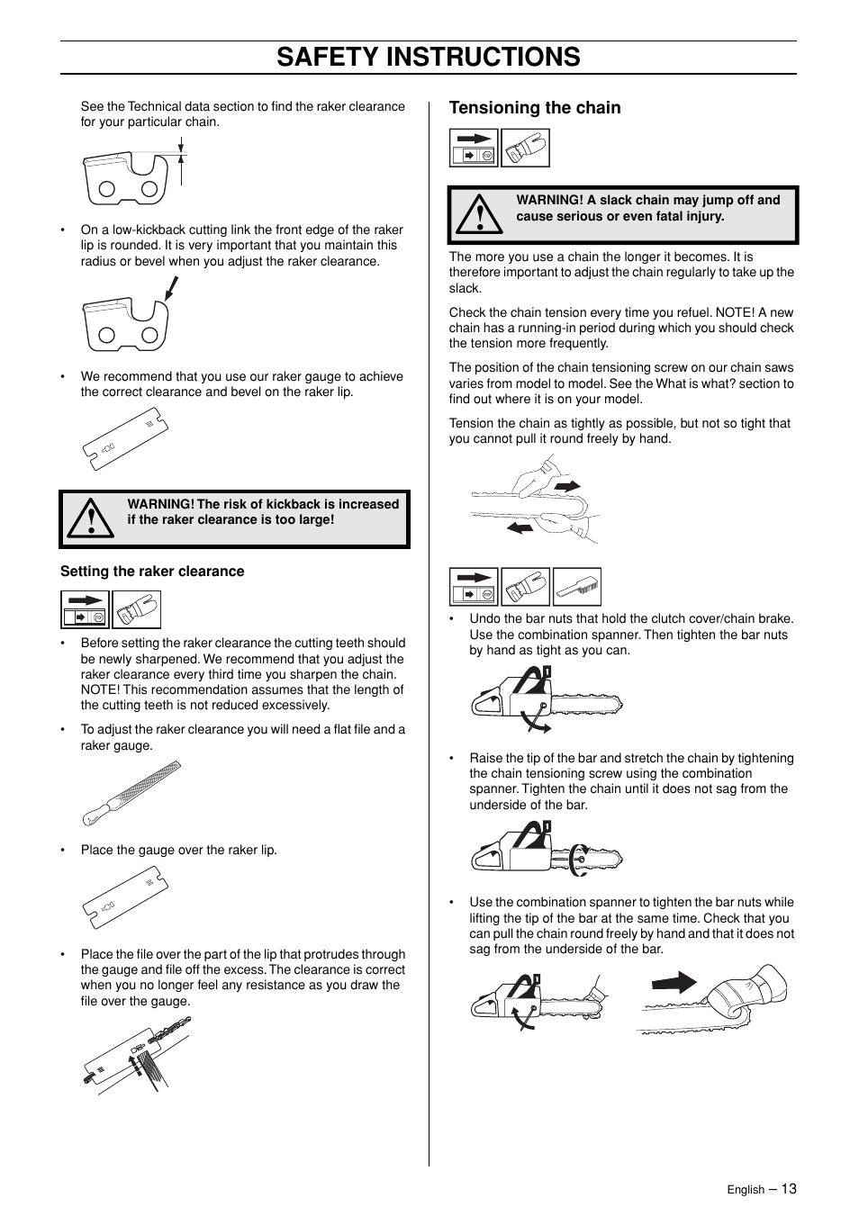 Tensioning the chain, Safety instructions | Jonsered POWERLITE 50C User Manual | Page 13 / 40