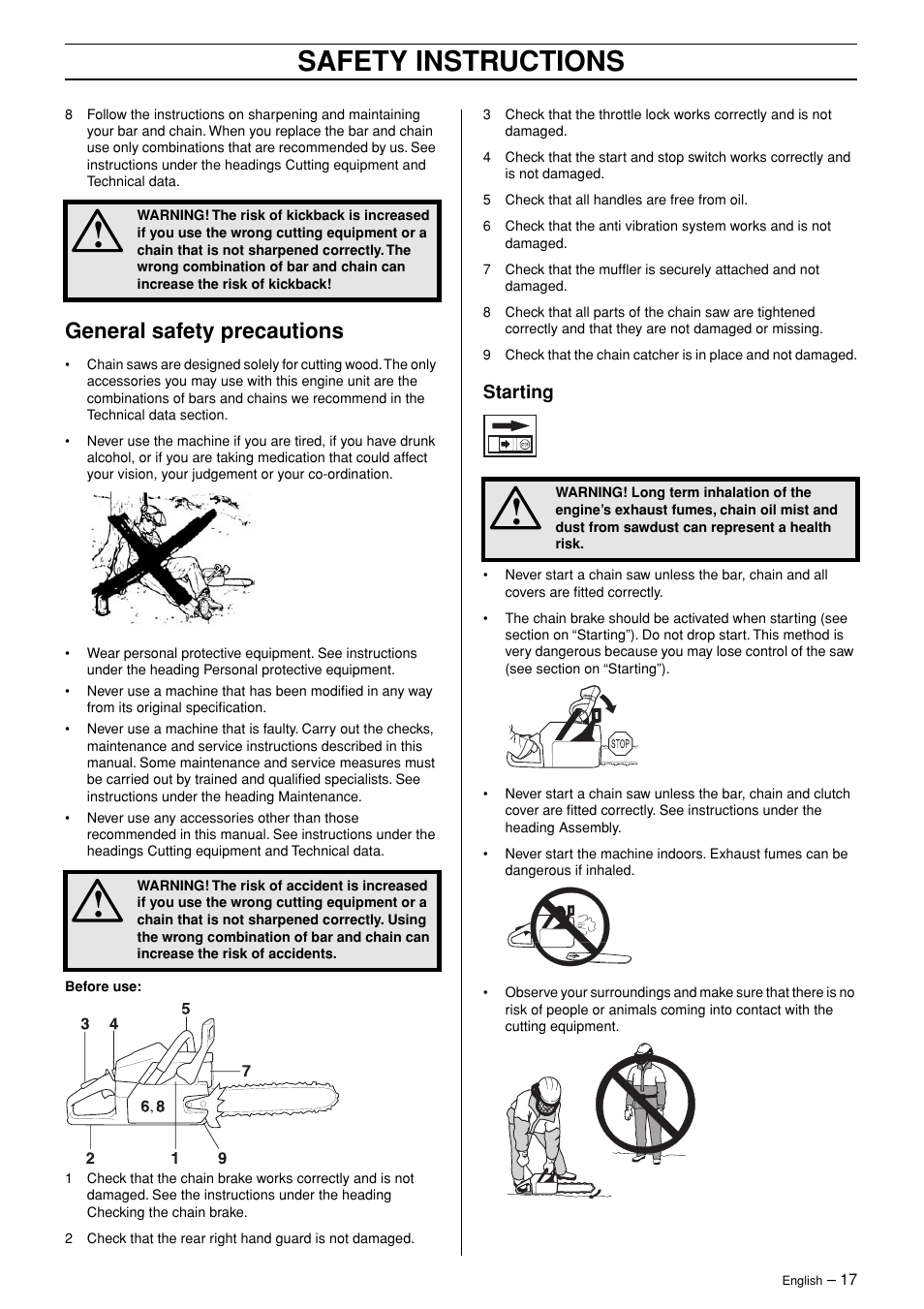 General safety precautions, Starting, Safety instructions | Jonsered POWERLITE 50C User Manual | Page 17 / 40