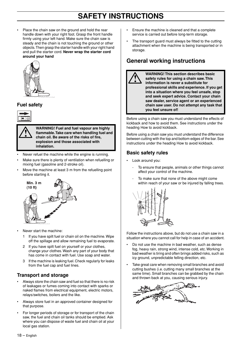 Fuel safety, Transport and storage, General working instructions | Basic safety rules, Safety instructions | Jonsered POWERLITE 50C User Manual | Page 18 / 40