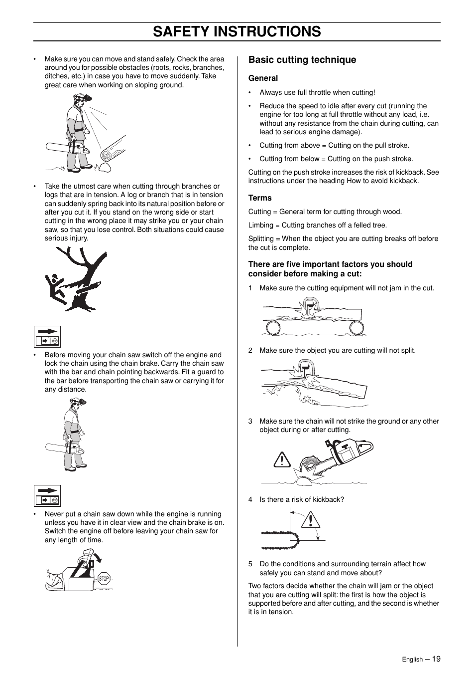 Basic cutting technique, Safety instructions | Jonsered POWERLITE 50C User Manual | Page 19 / 40