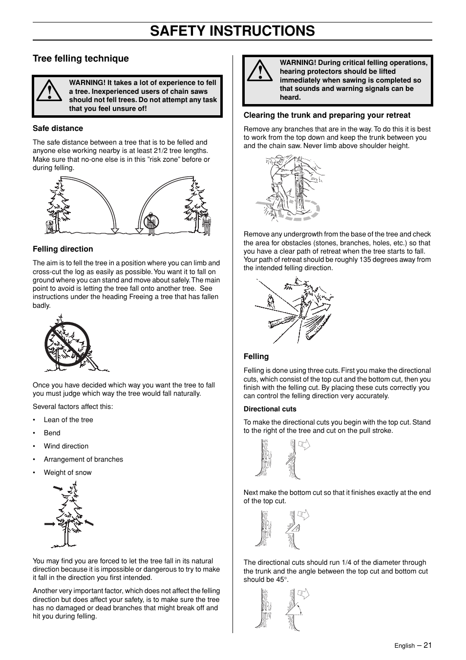 Tree felling technique, Safety instructions | Jonsered POWERLITE 50C User Manual | Page 21 / 40