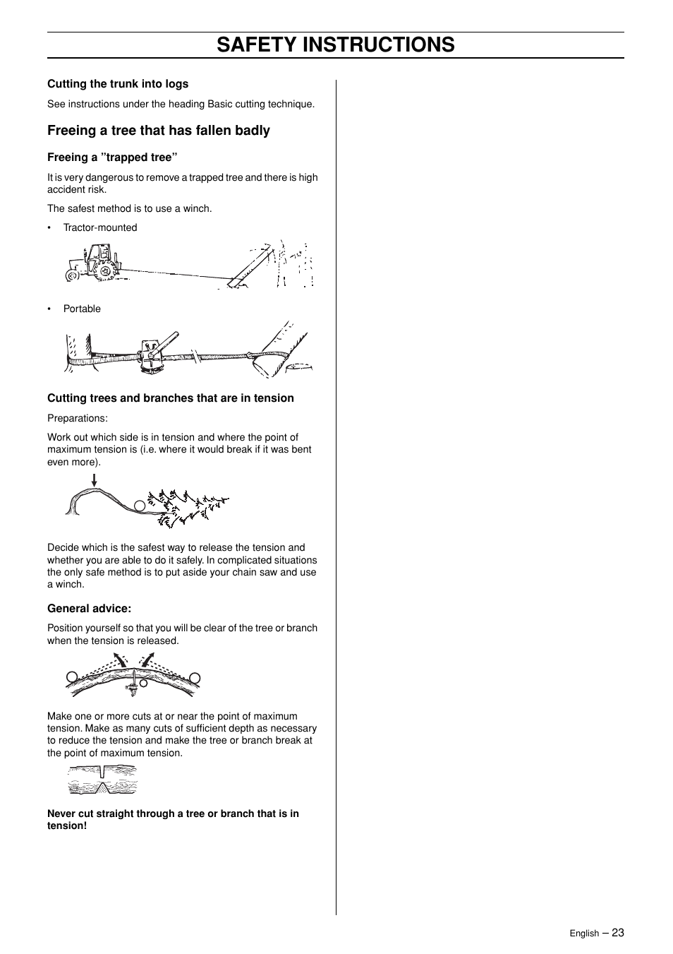 Freeing a tree that has fallen badly, Safety instructions | Jonsered POWERLITE 50C User Manual | Page 23 / 40