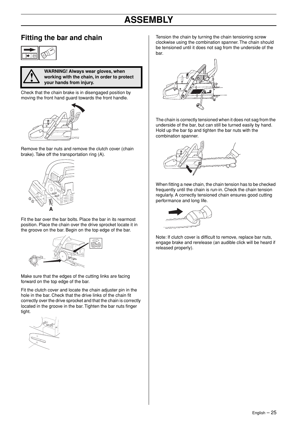 Fitting the bar and chain, Assembly | Jonsered POWERLITE 50C User Manual | Page 25 / 40