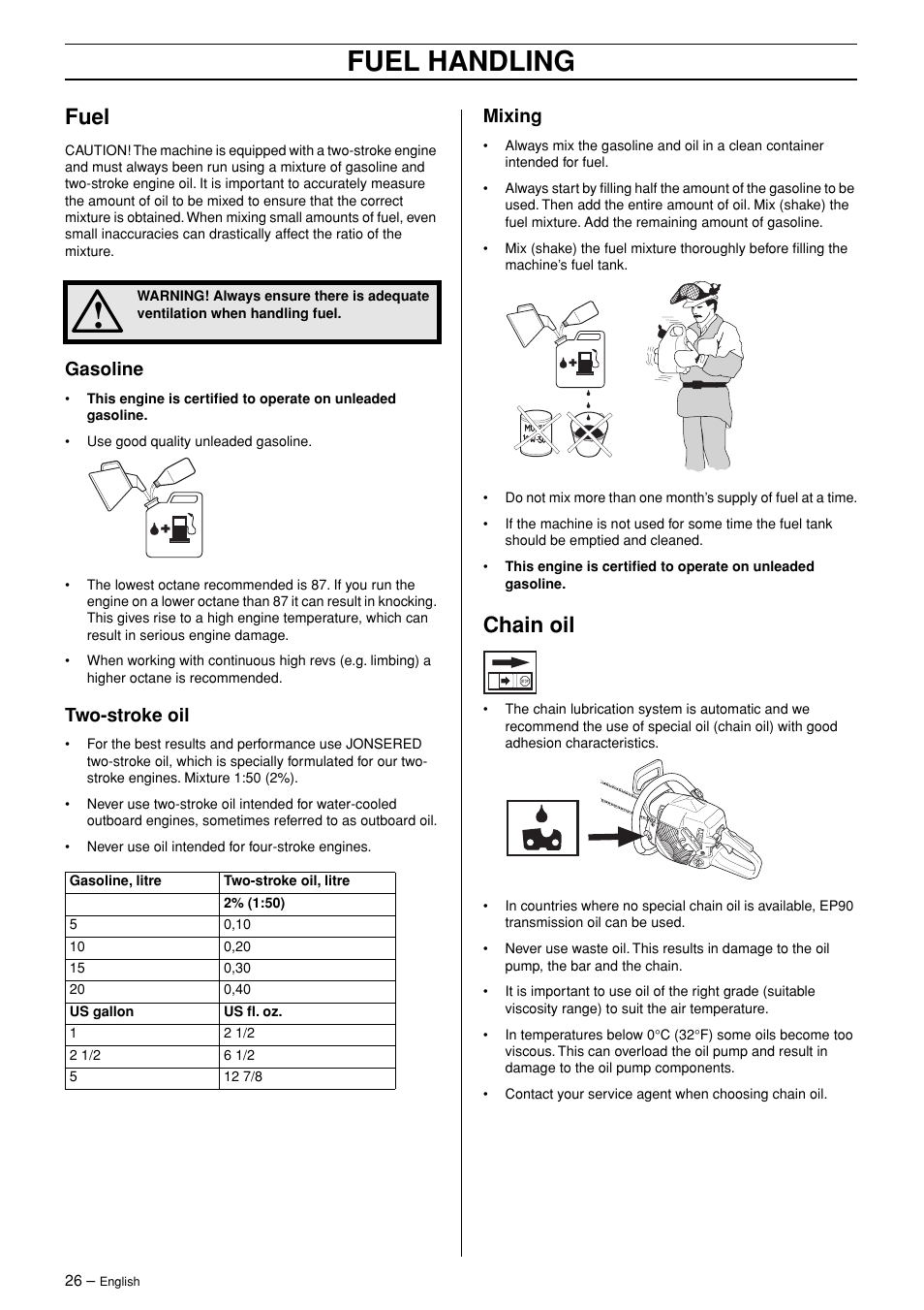 Fuel, Gasoline, Two-stroke oil | Mixing, Chain oil, Fuel handling | Jonsered POWERLITE 50C User Manual | Page 26 / 40