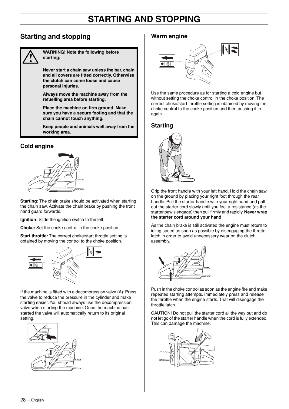 Starting and stopping, Cold engine, Warm engine | Starting | Jonsered POWERLITE 50C User Manual | Page 28 / 40