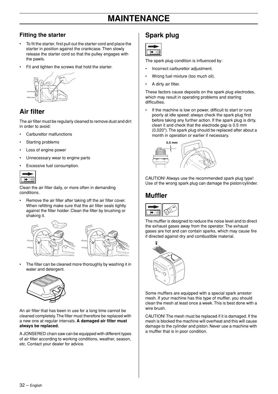 Fitting the starter, Air filter, Spark plug | Muffler, Maintenance | Jonsered POWERLITE 50C User Manual | Page 32 / 40