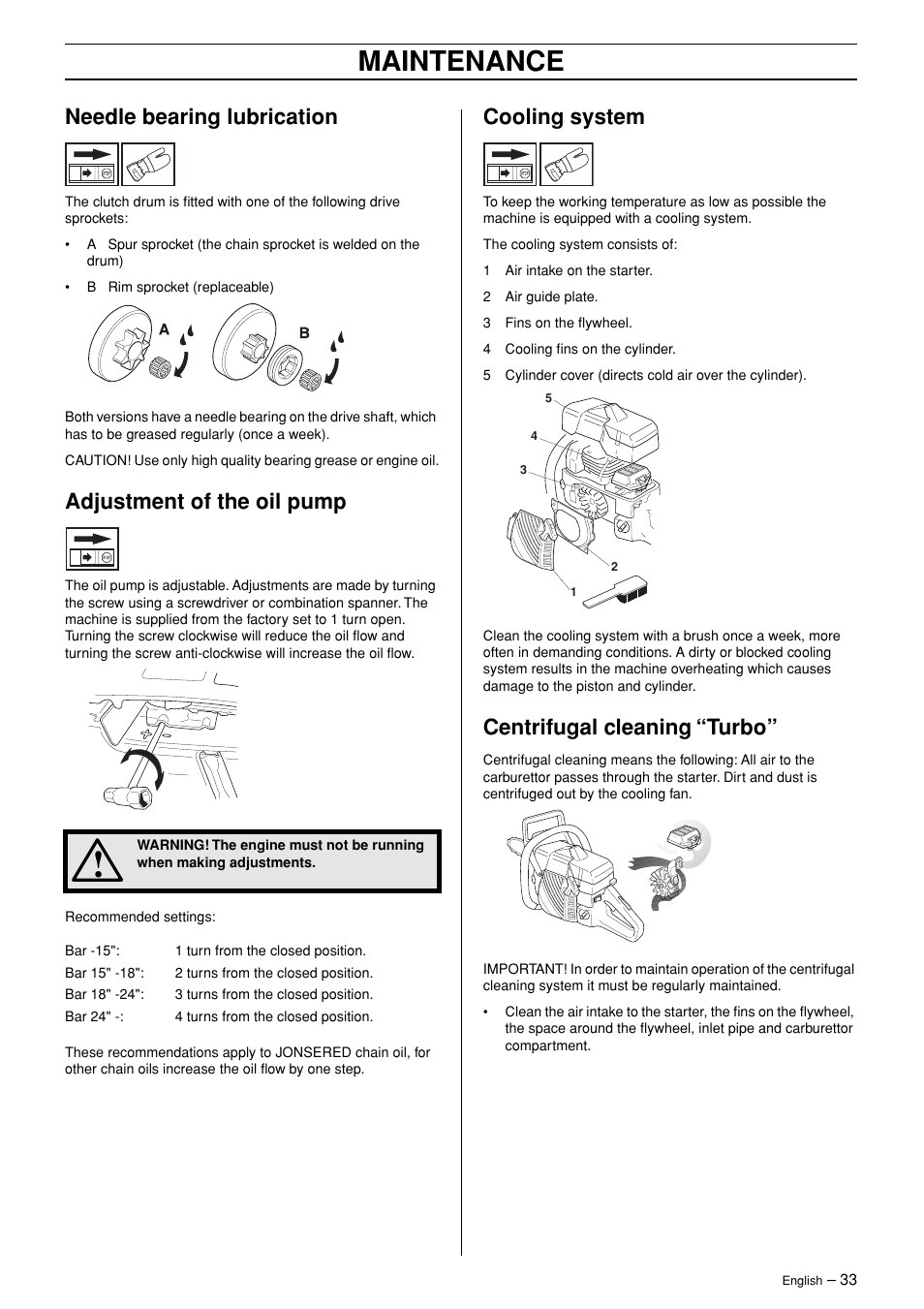 Needle bearing lubrication, Adjustment of the oil pump, Cooling system | Centrifugal cleaning “turbo, Maintenance | Jonsered POWERLITE 50C User Manual | Page 33 / 40