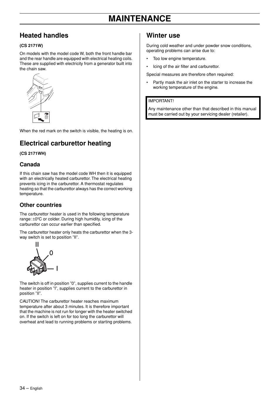 Heated handles, Electrical carburettor heating, Canada | Other countries, Winter use, Maintenance | Jonsered POWERLITE 50C User Manual | Page 34 / 40