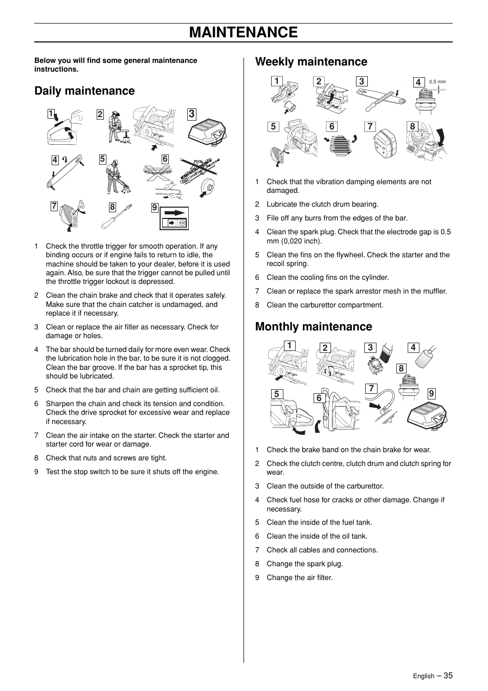 Daily maintenance, Weekly maintenance, Monthly maintenance | Maintenance | Jonsered POWERLITE 50C User Manual | Page 35 / 40