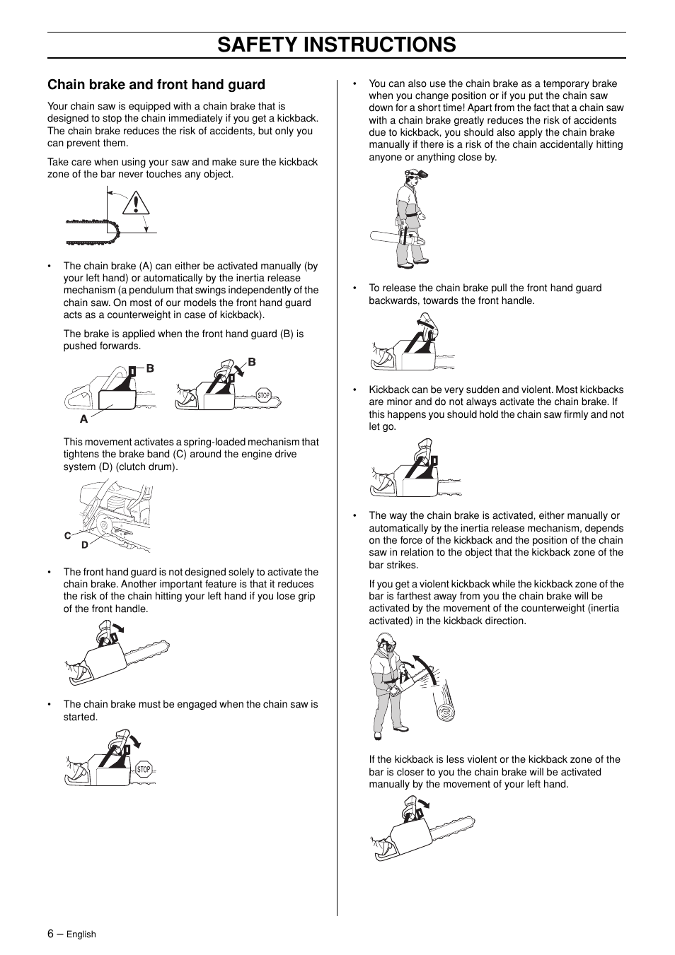 Chain brake and front hand guard, Safety instructions | Jonsered POWERLITE 50C User Manual | Page 6 / 40