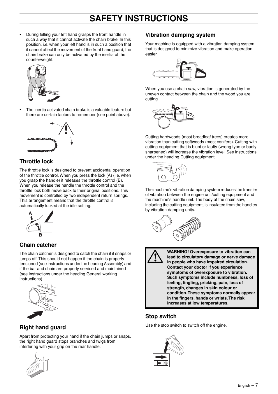 Throttle lock, Chain catcher, Right hand guard | Vibration damping system, Stop switch, Safety instructions | Jonsered POWERLITE 50C User Manual | Page 7 / 40