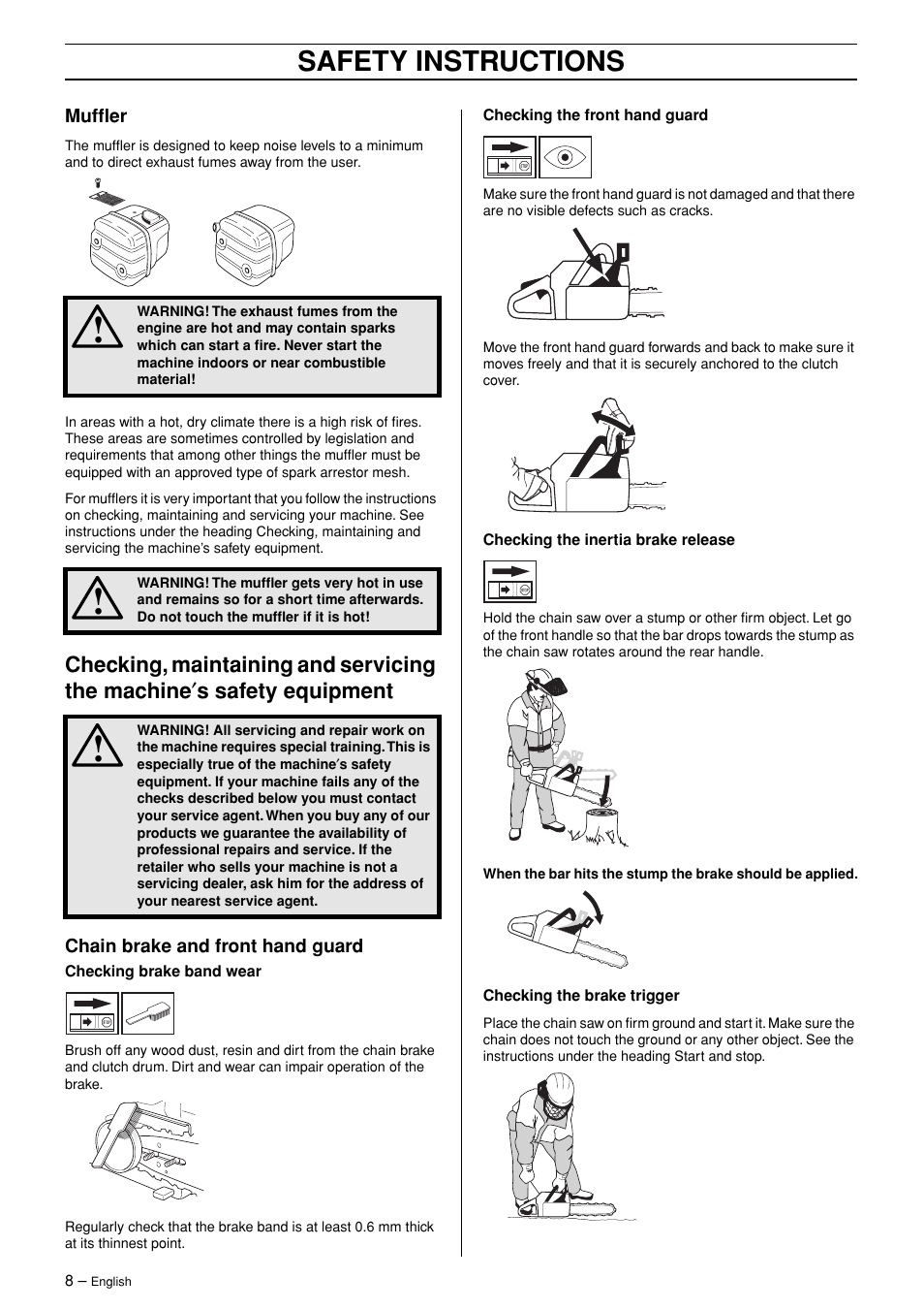 Muffler, Chain brake and front hand guard, Safety instructions | Jonsered POWERLITE 50C User Manual | Page 8 / 40