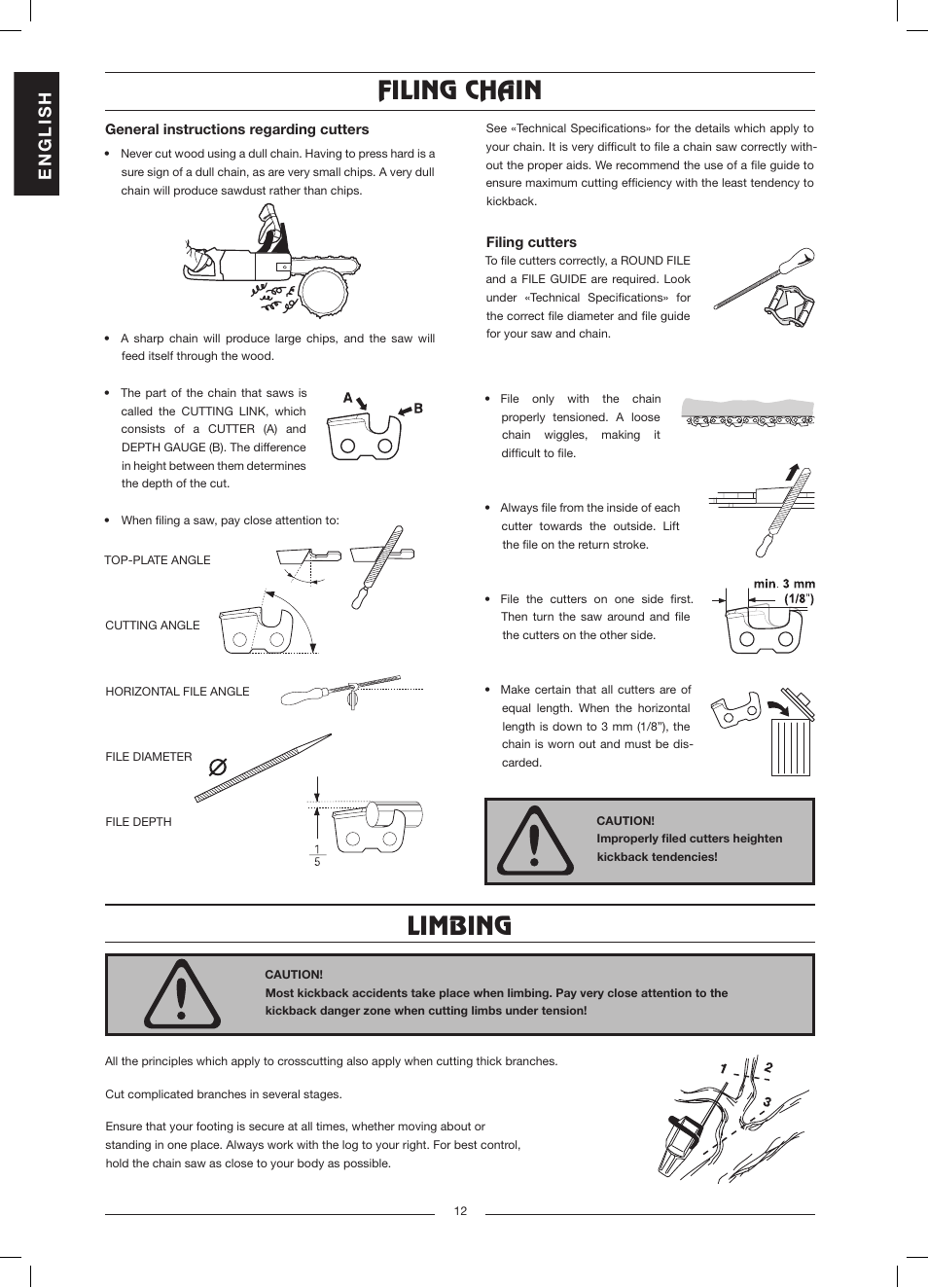 Filing chain, Limbing, En g l is h | Jonsered CS 2117 EL User Manual | Page 13 / 16