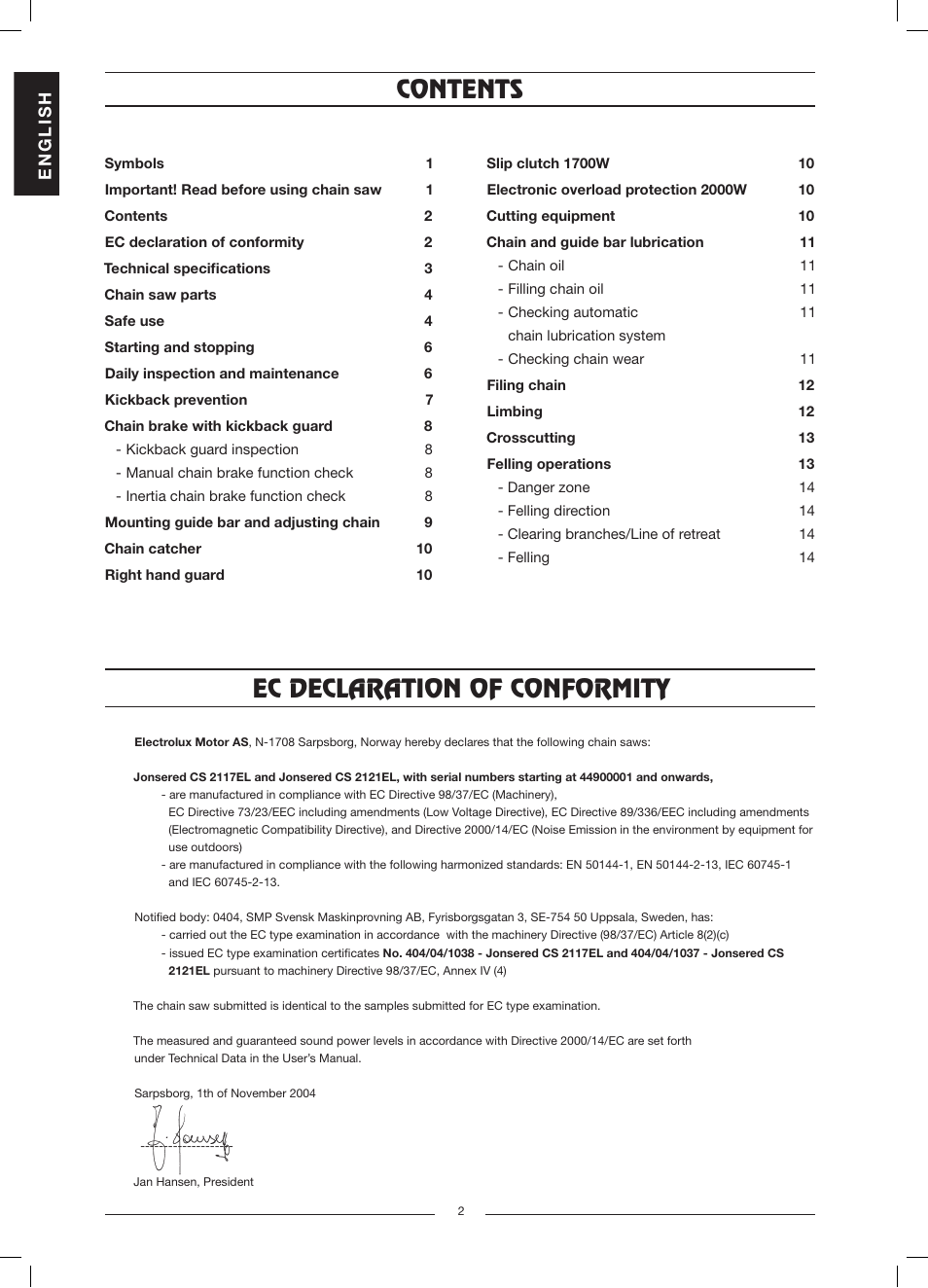 Jonsered CS 2117 EL User Manual | Page 3 / 16