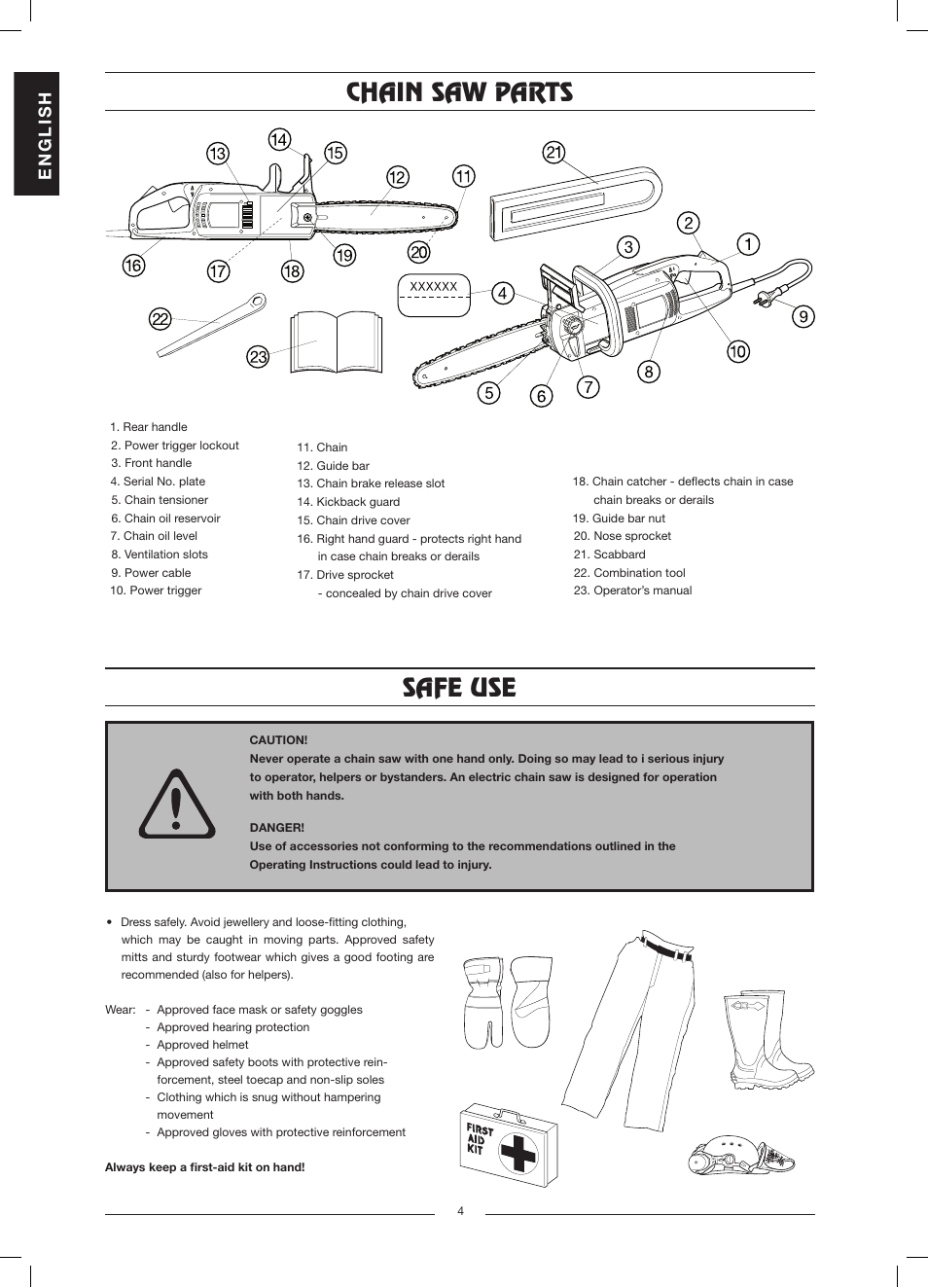 Chain saw parts, Safe use, En g l is h | Jonsered CS 2117 EL User Manual | Page 5 / 16