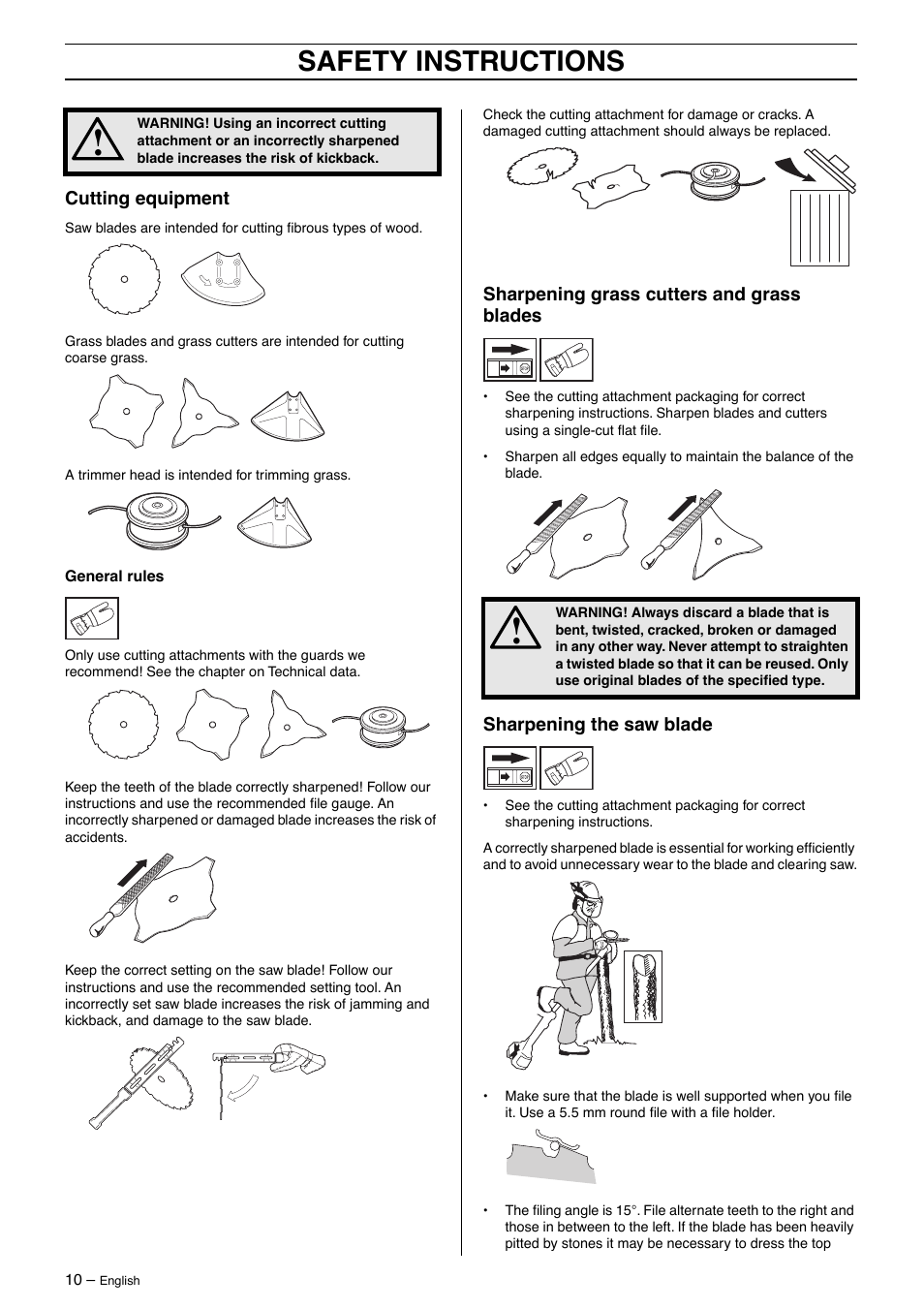 Cutting equipment, Sharpening grass cutters and grass blades, Sharpening the saw blade | Safety instructions | Jonsered BC 2125 User Manual | Page 10 / 40