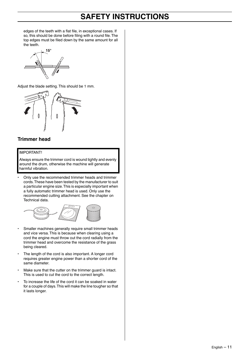 Trimmer head, Safety instructions | Jonsered BC 2125 User Manual | Page 11 / 40