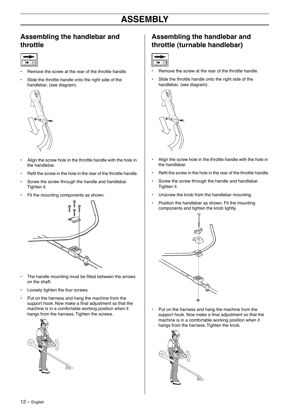 Assembling the handlebar and throttle, Assembly | Jonsered BC 2125 User Manual | Page 12 / 40