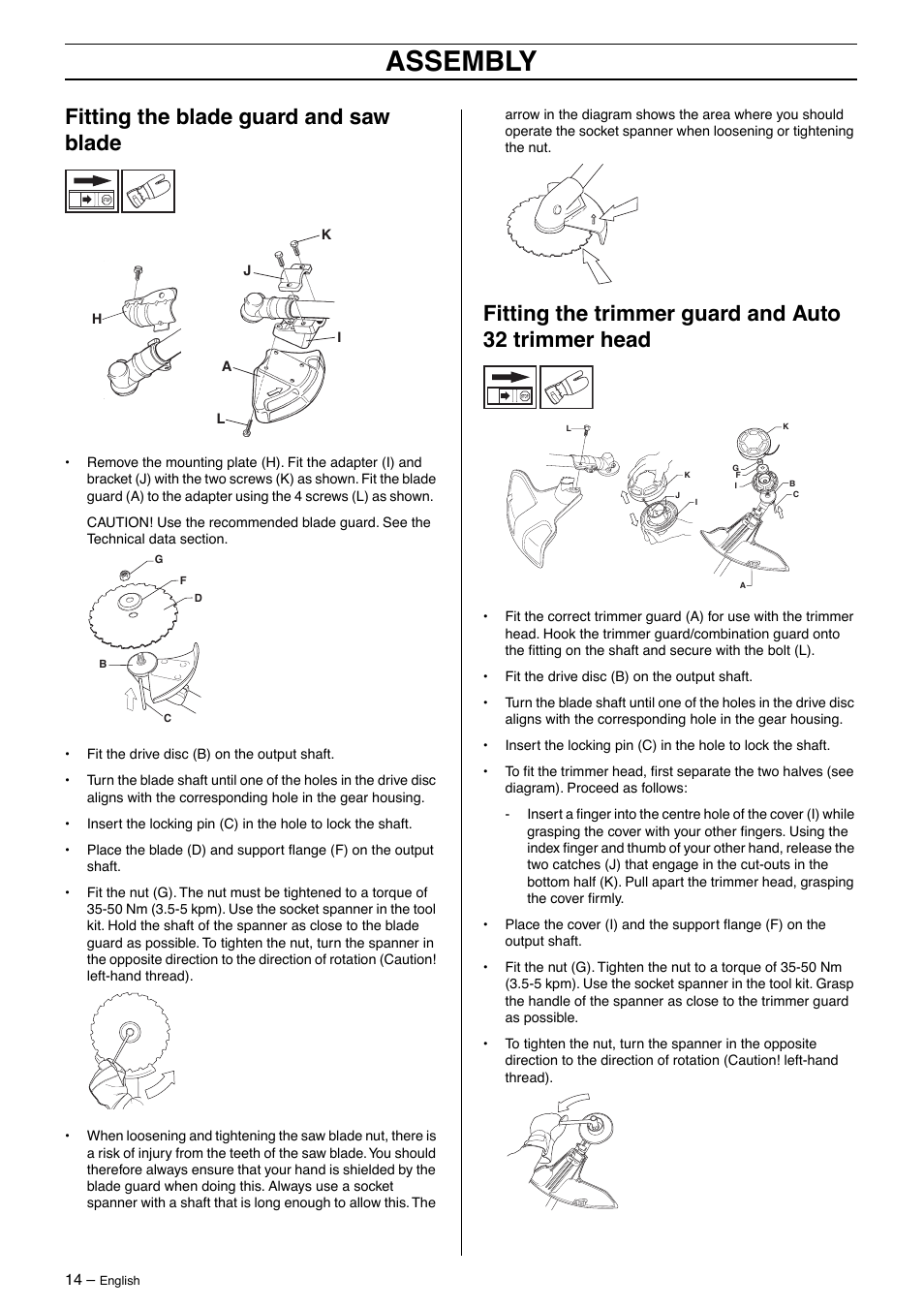 Fitting the blade guard and saw blade, Fitting the trimmer guard and auto 32 trimmer head, Assembly | Jonsered BC 2125 User Manual | Page 14 / 40