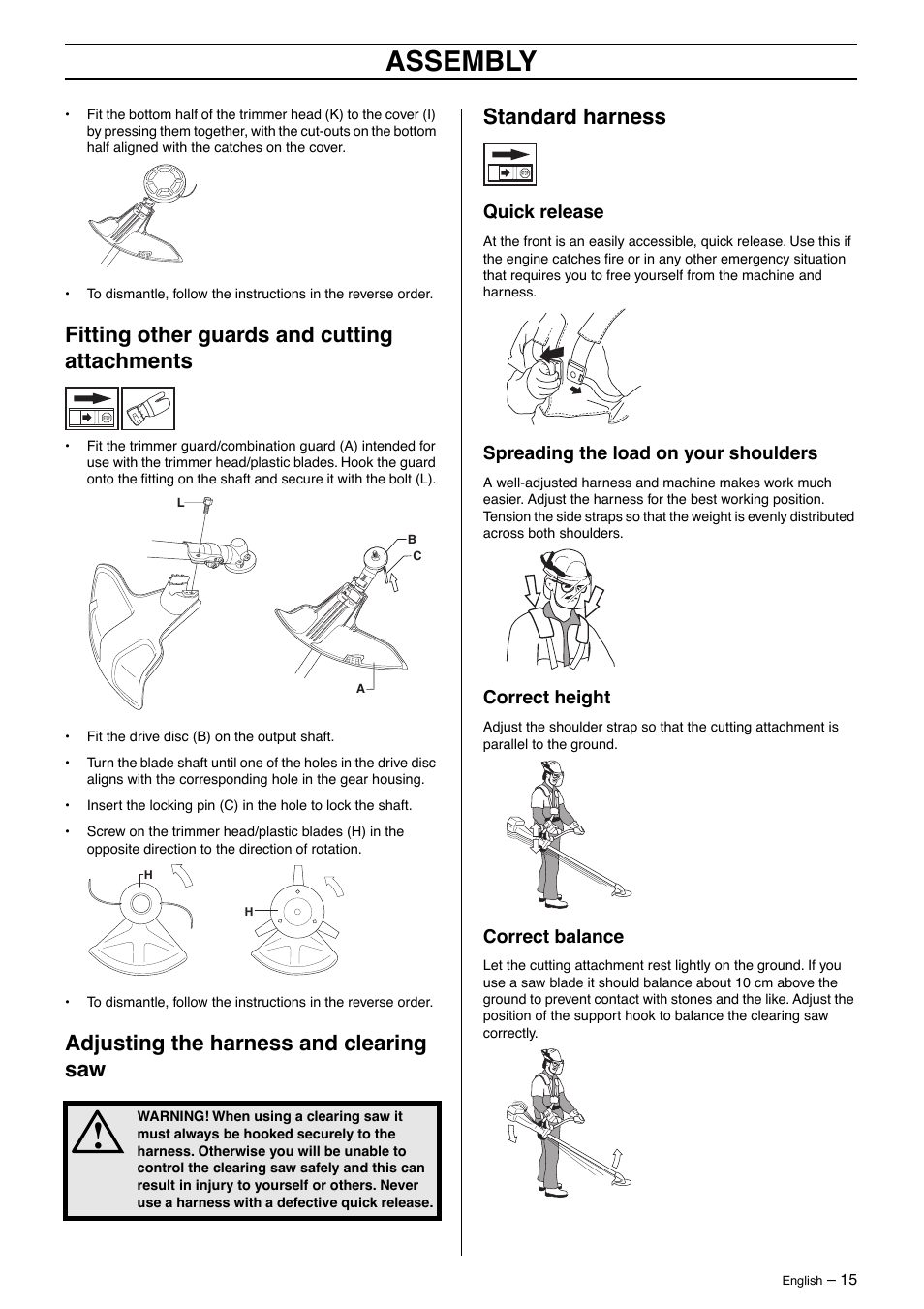 Fitting other guards and cutting attachments, Adjusting the harness and clearing saw, Standard harness | Quick release, Spreading the load on your shoulders, Correct height, Correct balance, Assembly | Jonsered BC 2125 User Manual | Page 15 / 40