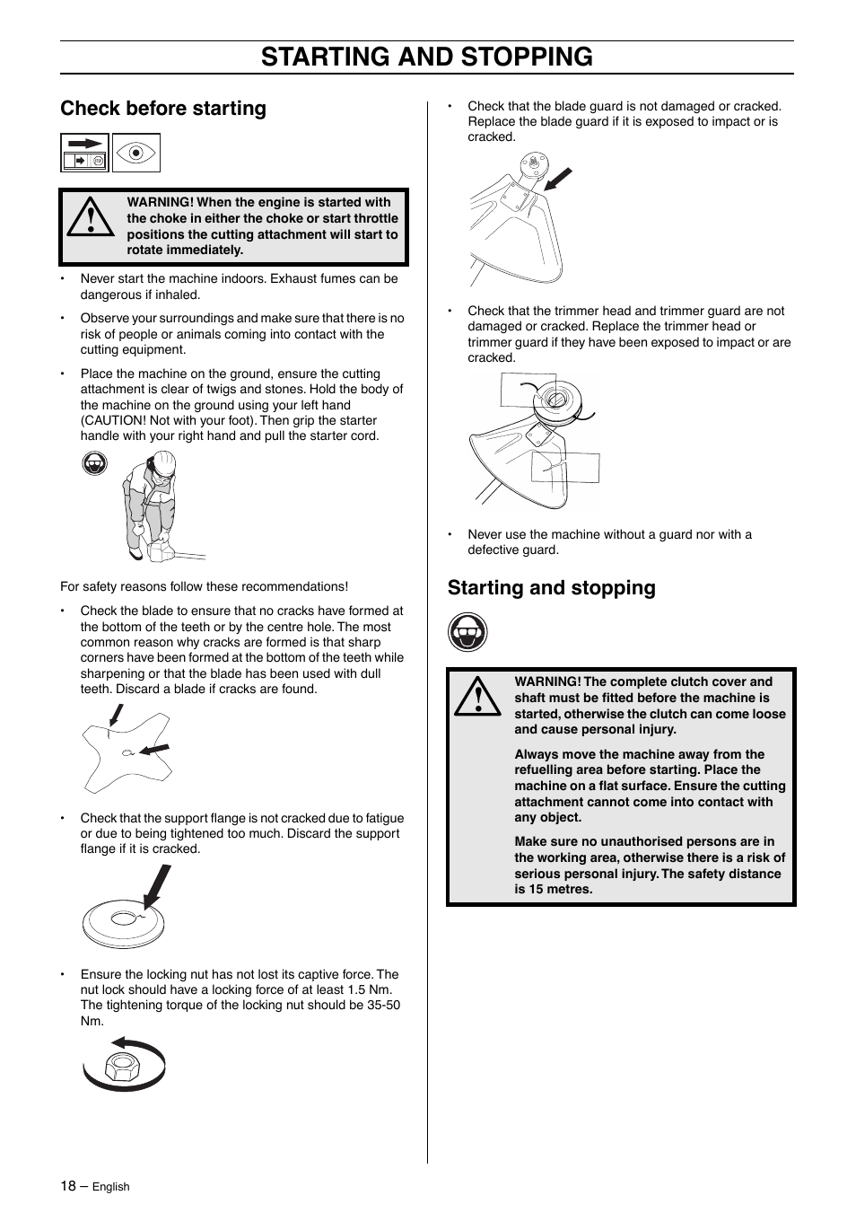 Check before starting, Starting and stopping | Jonsered BC 2125 User Manual | Page 18 / 40