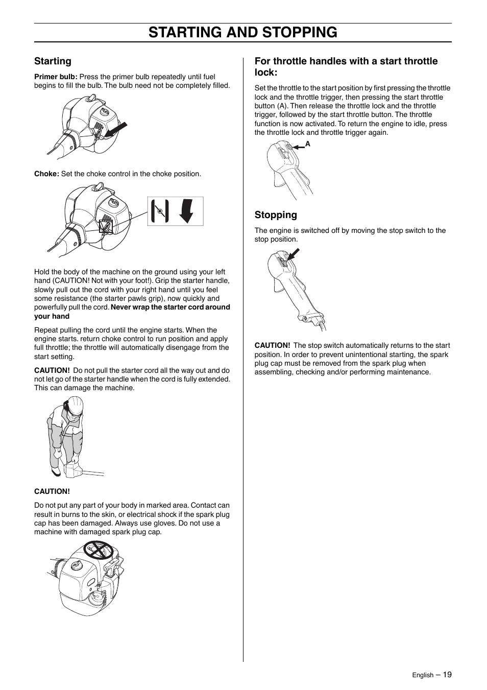 Starting, For throttle handles with a start throttle lock, Stopping | Starting and stopping | Jonsered BC 2125 User Manual | Page 19 / 40