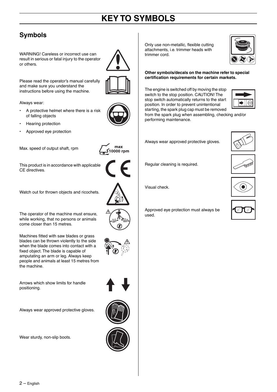 Symbols, Key to symbols | Jonsered BC 2125 User Manual | Page 2 / 40