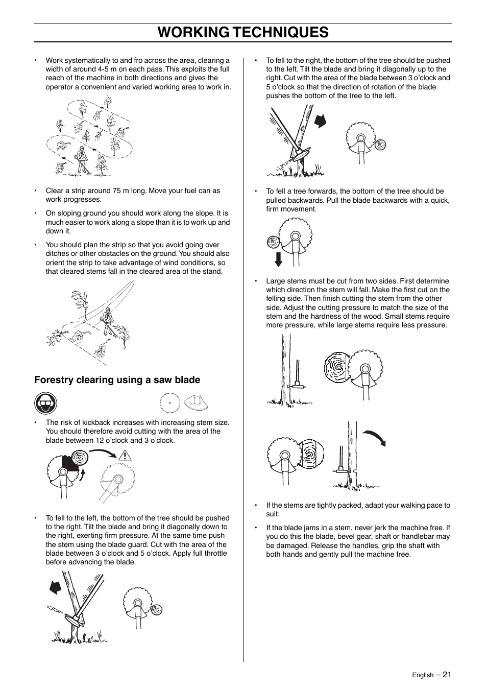 Forestry clearing using a saw blade, Working techniques | Jonsered BC 2125 User Manual | Page 21 / 40