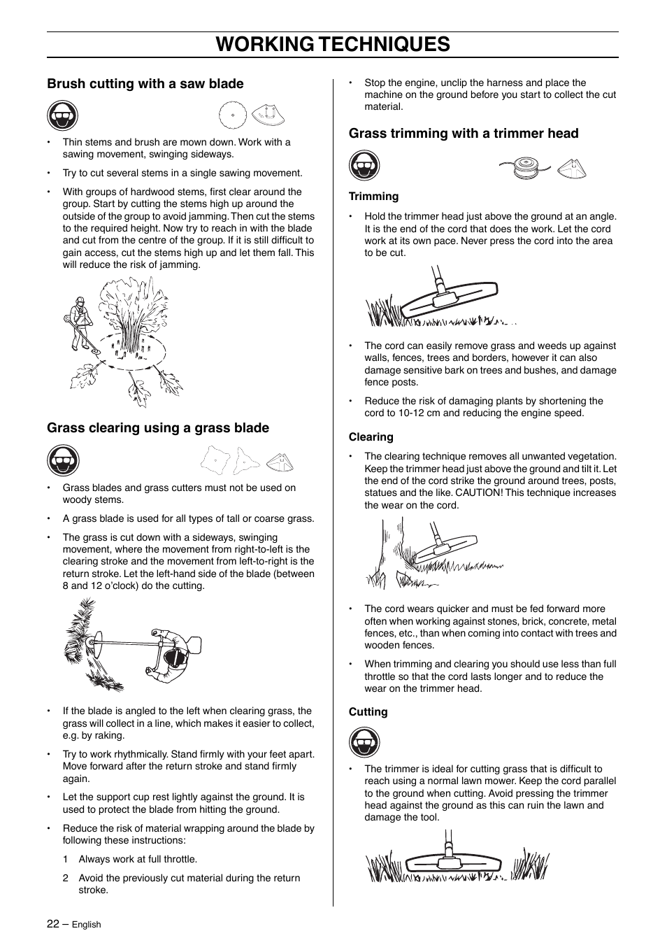 Brush cutting with a saw blade, Grass clearing using a grass blade, Grass trimming with a trimmer head | Working techniques | Jonsered BC 2125 User Manual | Page 22 / 40