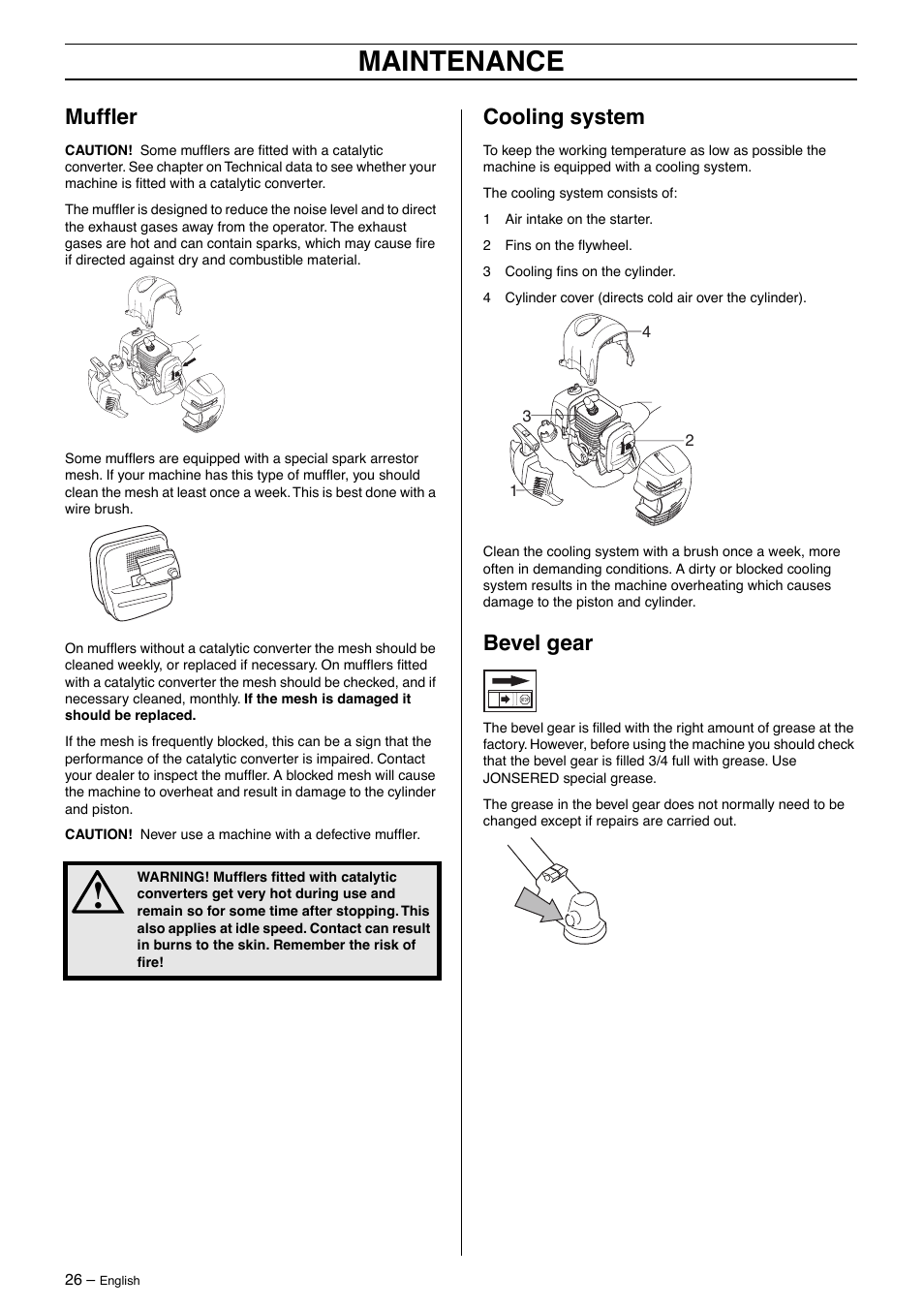Muffler, Cooling system, Bevel gear | Maintenance | Jonsered BC 2125 User Manual | Page 26 / 40