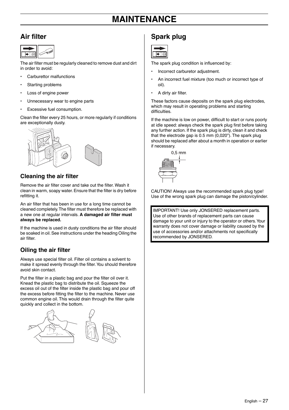 Air filter, Cleaning the air filter, Oiling the air filter | Spark plug, Maintenance | Jonsered BC 2125 User Manual | Page 27 / 40