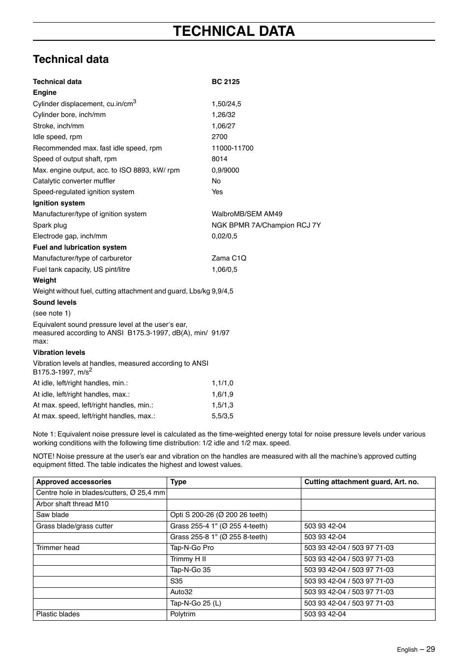 Technical data | Jonsered BC 2125 User Manual | Page 29 / 40