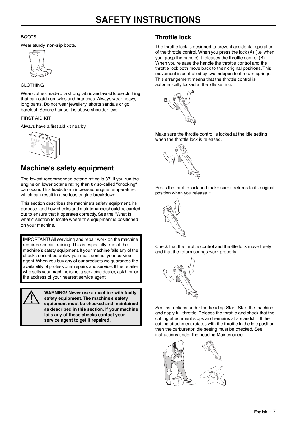 Machine¢s safety equipment, Throttle lock, Safety instructions | Machine ′′′′ s safety equipment | Jonsered BC 2125 User Manual | Page 7 / 40
