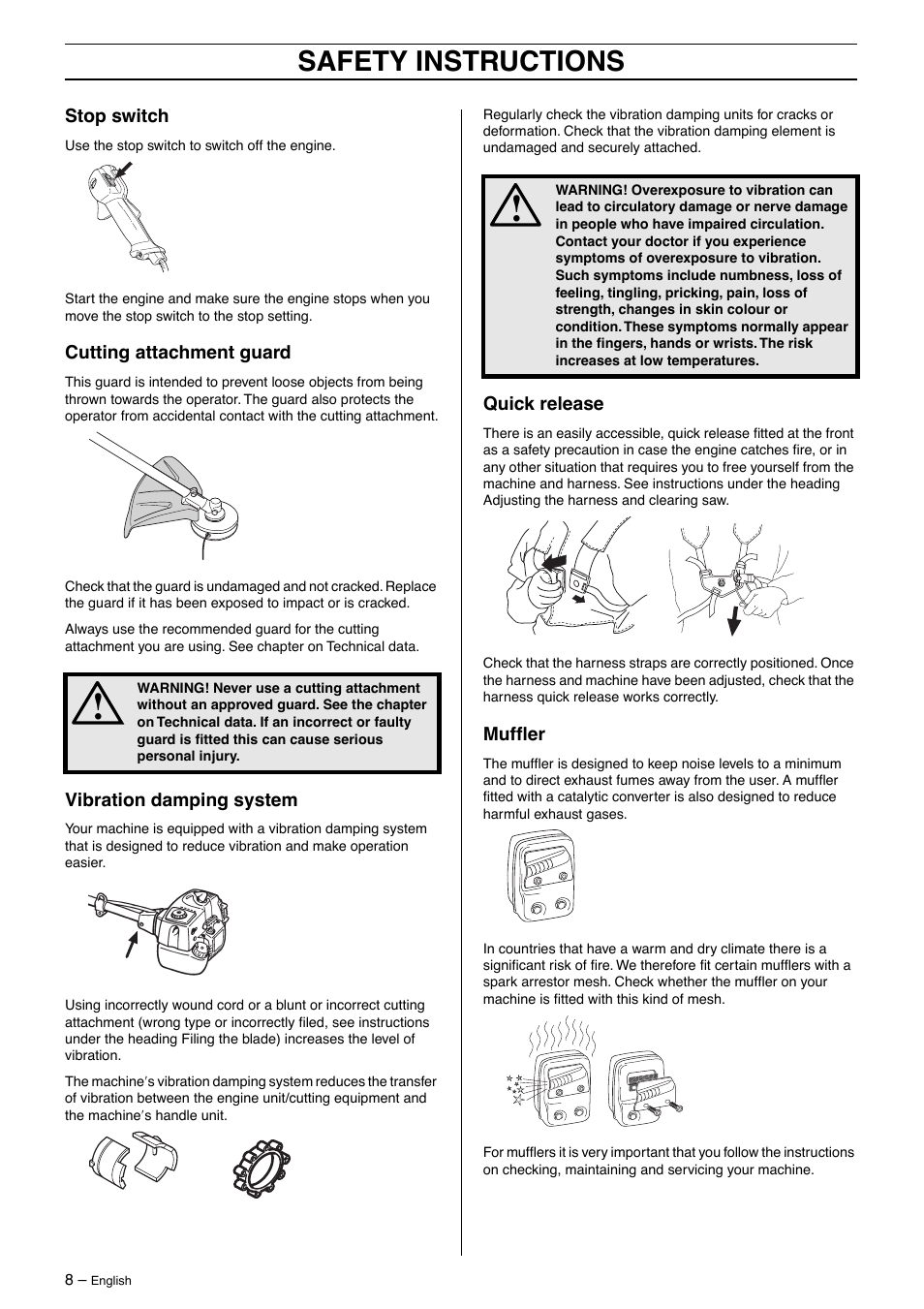 Stop switch, Cutting attachment guard, Vibration damping system | Quick release, Muffler, Safety instructions | Jonsered BC 2125 User Manual | Page 8 / 40