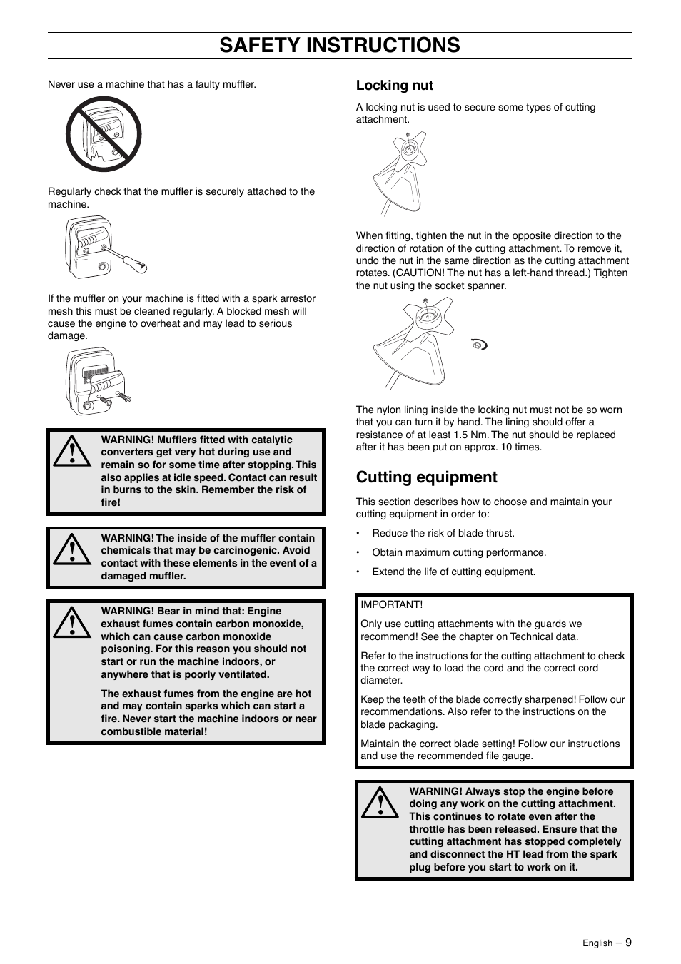 Locking nut, Cutting equipment, Safety instructions | Jonsered BC 2125 User Manual | Page 9 / 40