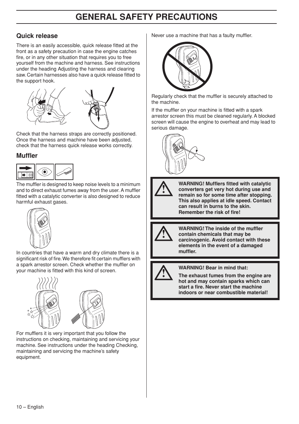 Quick release, Muffler, General safety precautions | Jonsered FC 2255 User Manual | Page 10 / 44