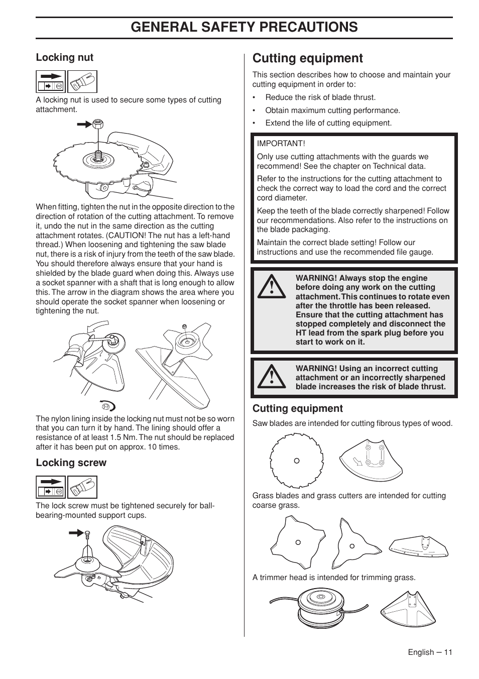 Locking nut, Locking screw, Cutting equipment | General safety precautions | Jonsered FC 2255 User Manual | Page 11 / 44