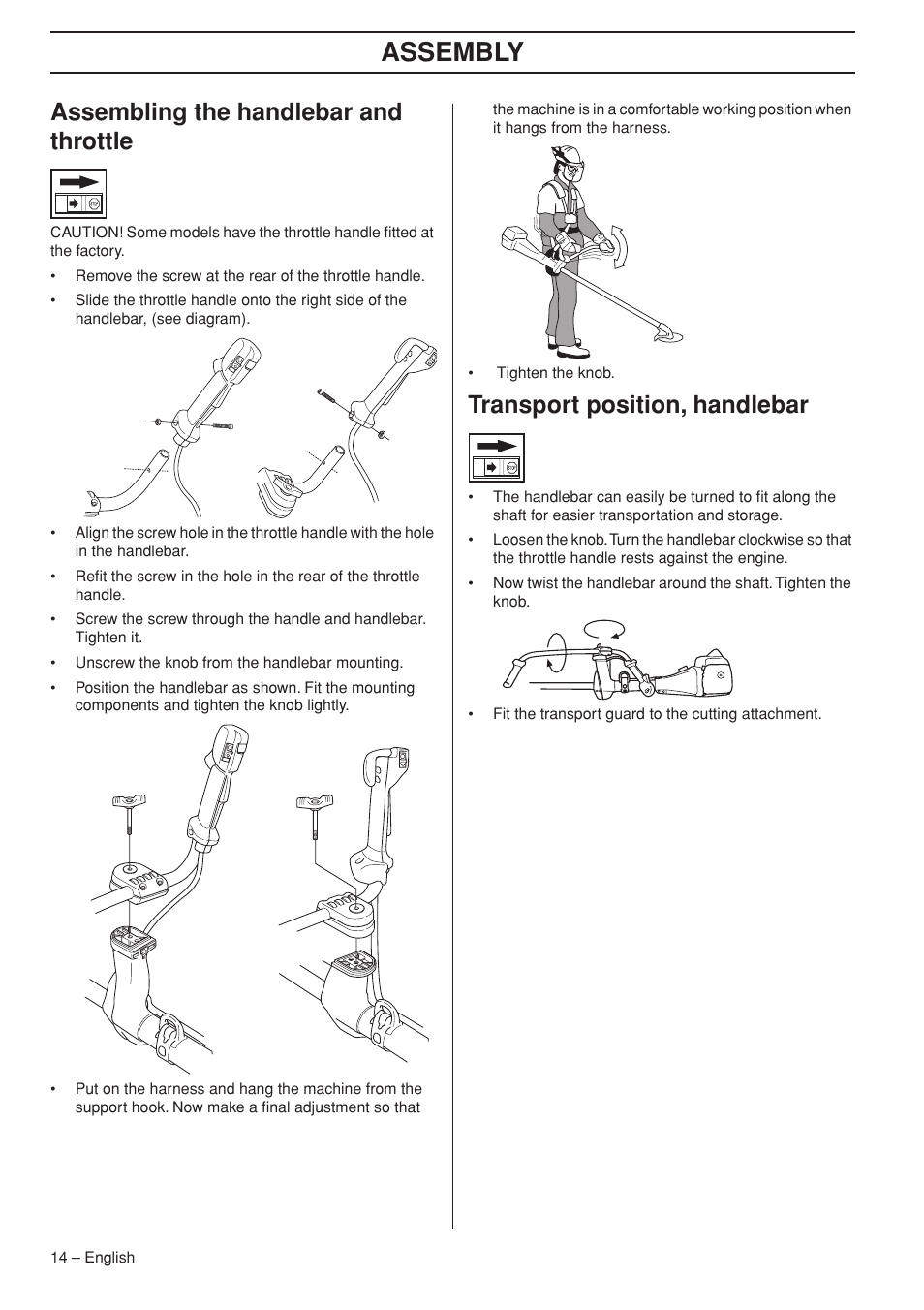 Assembling the handlebar and throttle, Transport position, handlebar, Assembly | Jonsered FC 2255 User Manual | Page 14 / 44