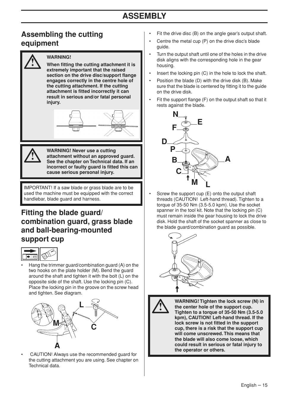 Assembling the cutting equipment, Assembly, La m c | Jonsered FC 2255 User Manual | Page 15 / 44