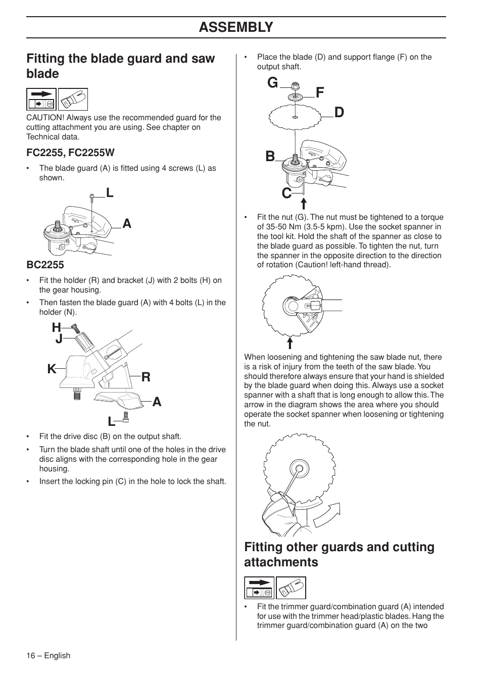 Fitting the blade guard and saw blade, Fc2255, fc2255w, Bc2255 | Fitting other guards and cutting attachments, Fg d b c, Assembly | Jonsered FC 2255 User Manual | Page 16 / 44