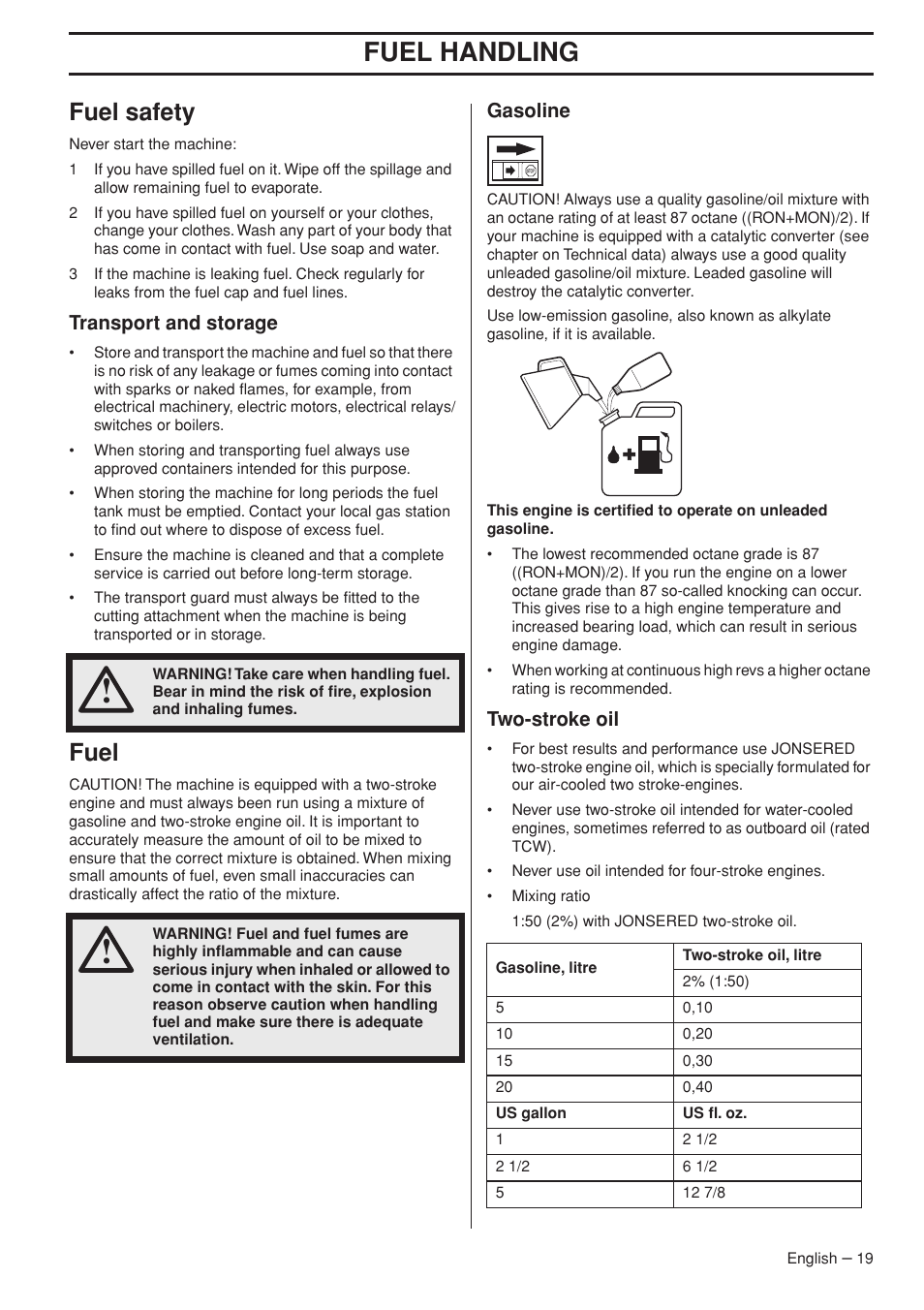 Fuel safety, Transport and storage, Fuel | Gasoline, Two-stroke oil, Fuel handling | Jonsered FC 2255 User Manual | Page 19 / 44
