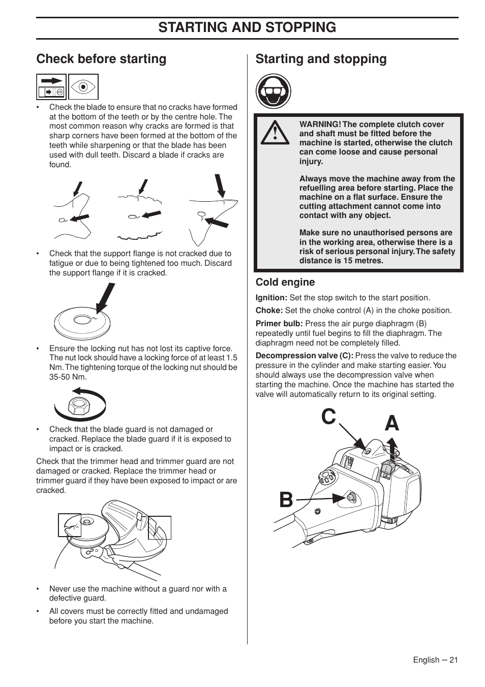 Check before starting, Starting and stopping, Cold engine | Ab c | Jonsered FC 2255 User Manual | Page 21 / 44