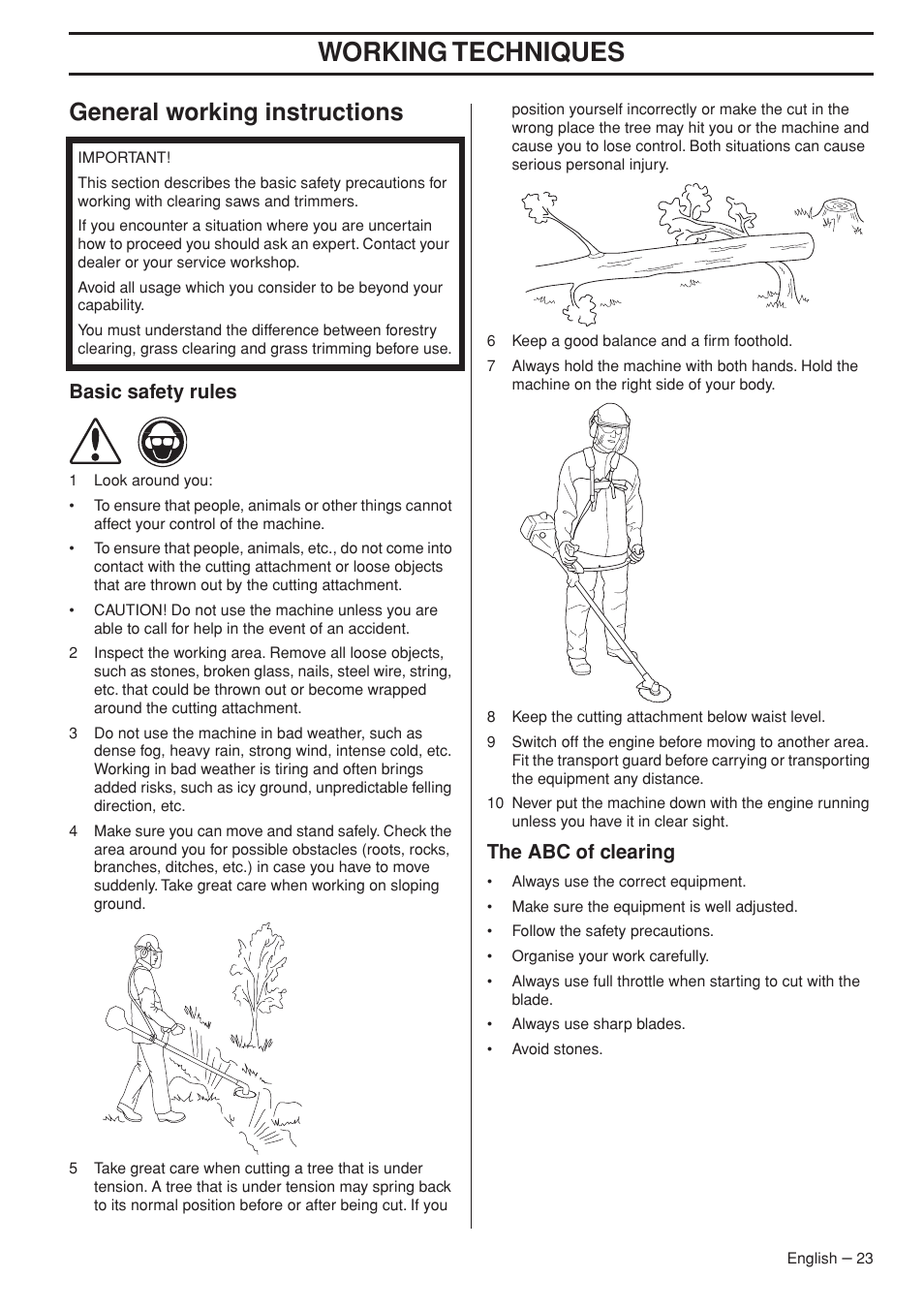 General working instructions, Basic safety rules, The abc of clearing | Working techniques | Jonsered FC 2255 User Manual | Page 23 / 44